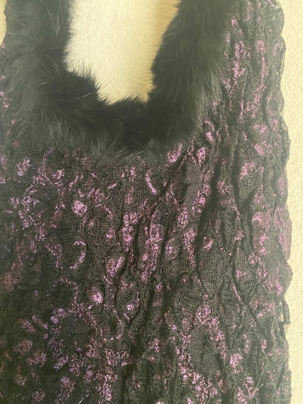 Vintage Y2K Black Lace Halter Top - Faux Fur Trim Plunging Neckline - Picture 3 of 11